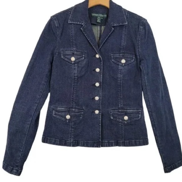 Lauren Jeans Co Ralph Lauren Jacket Denim Dark Wash Silver Buttons SzL - Picture 1 of 6